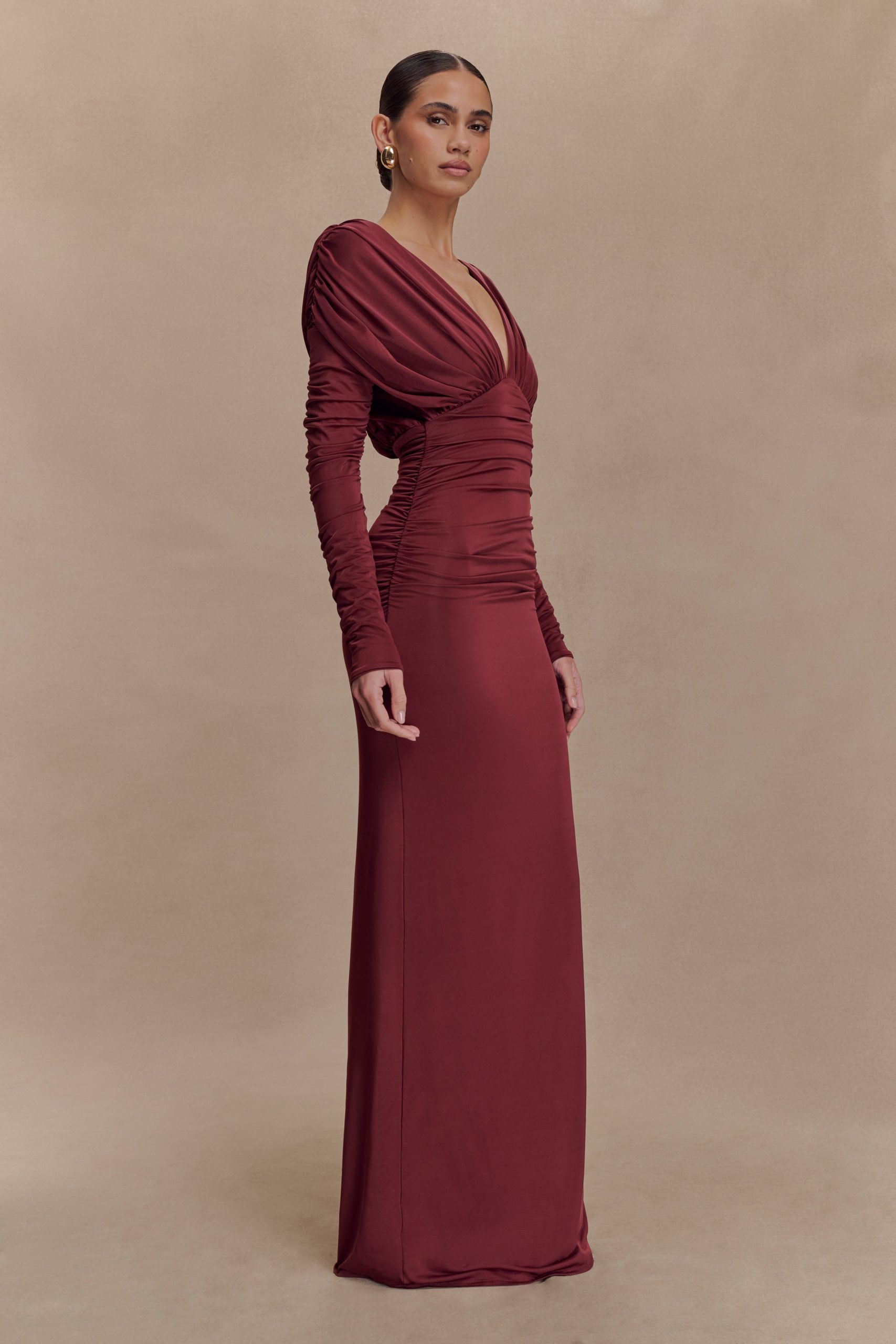Hayden Long Sleeve Plunge Maxi Dress - Wine - Image 4