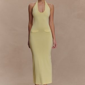 Ovina Halter Neck Knit Midi Dress - Lemon