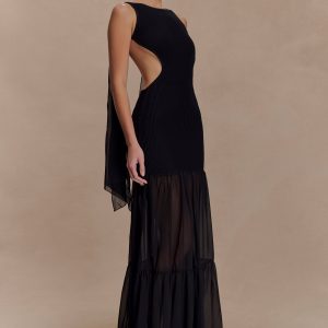 Haille Knit Chiffon Maxi Dress - Black