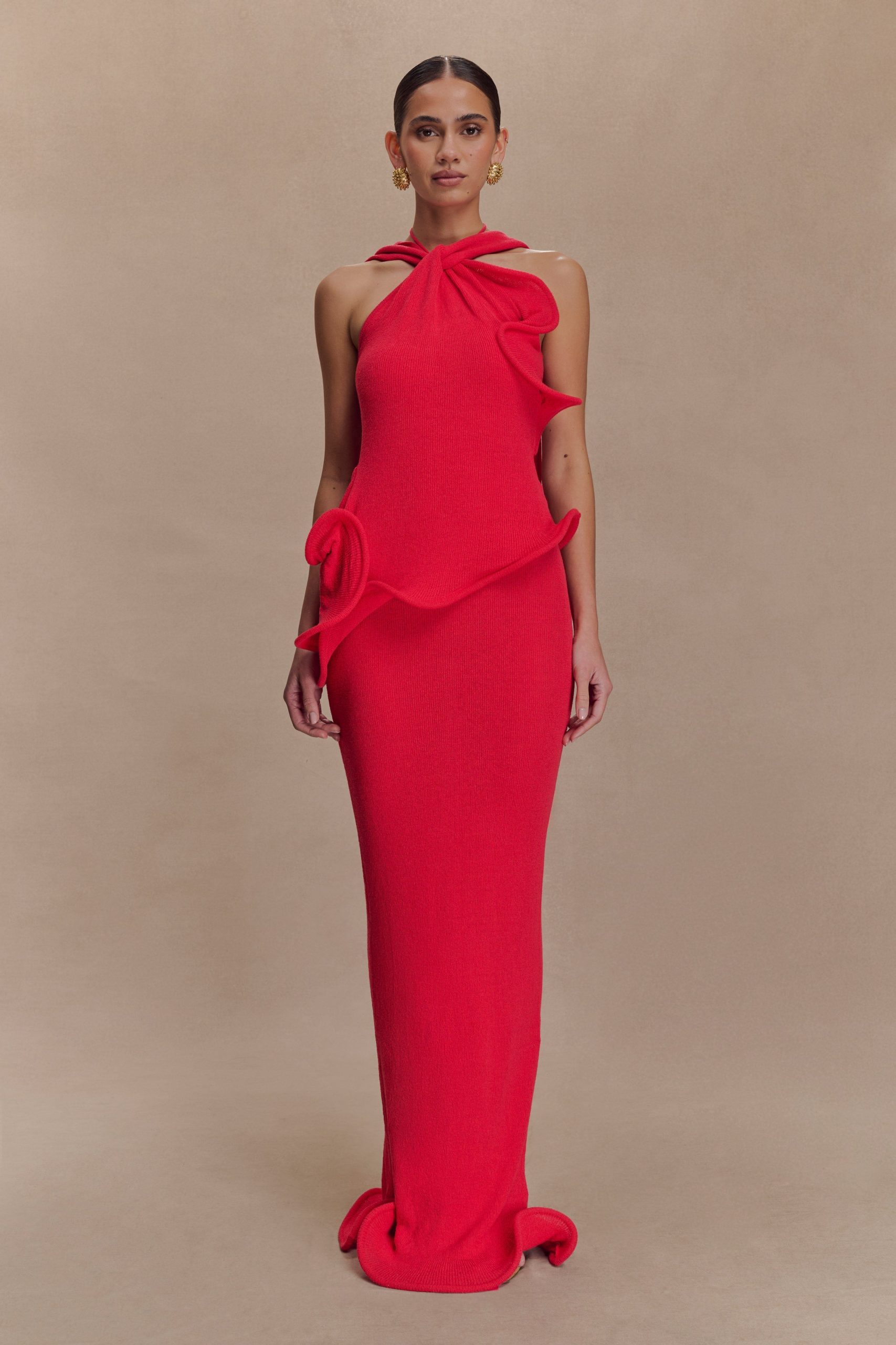 Caprice Halter Knit Maxi Dress - Red - Image 2