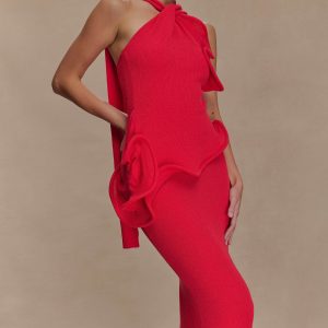 Caprice Halter Knit Maxi Dress - Red