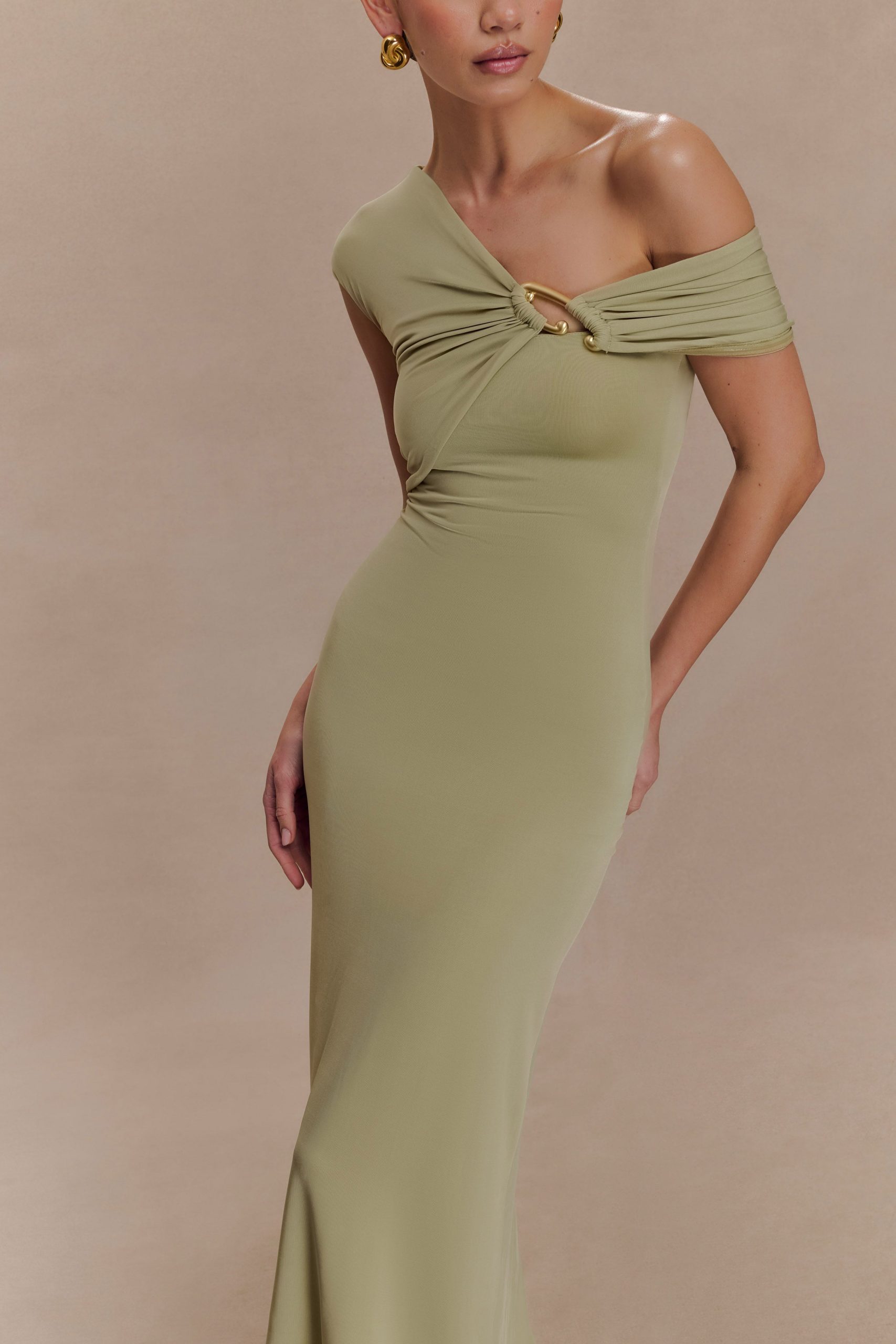 Ashford Asymmetrical Slinky Maxi Dress - Sage - Image 3