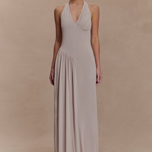 Yelena Ruched Halter Maxi Dress - Taupe