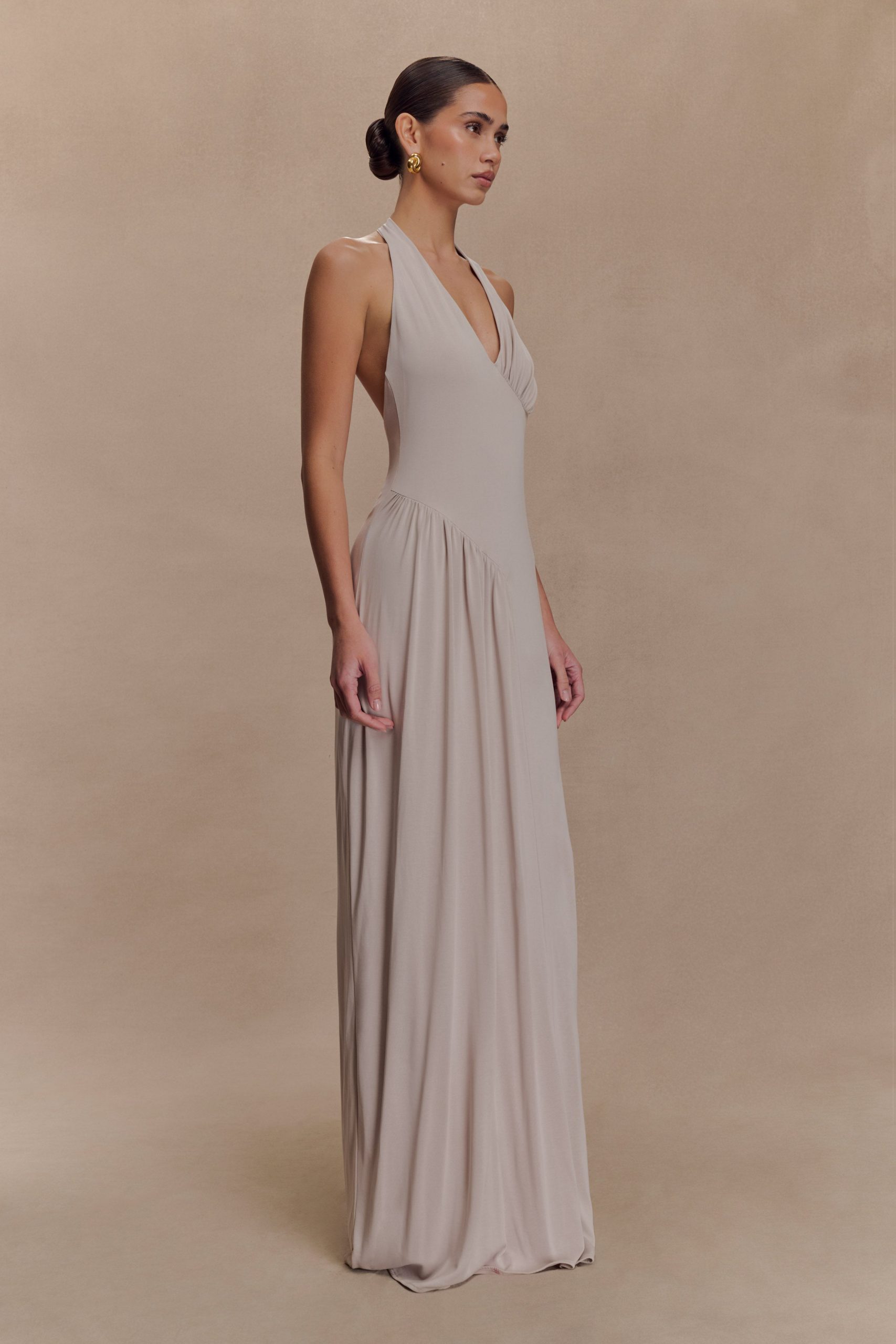 Yelena Ruched Halter Maxi Dress - Taupe - Image 4