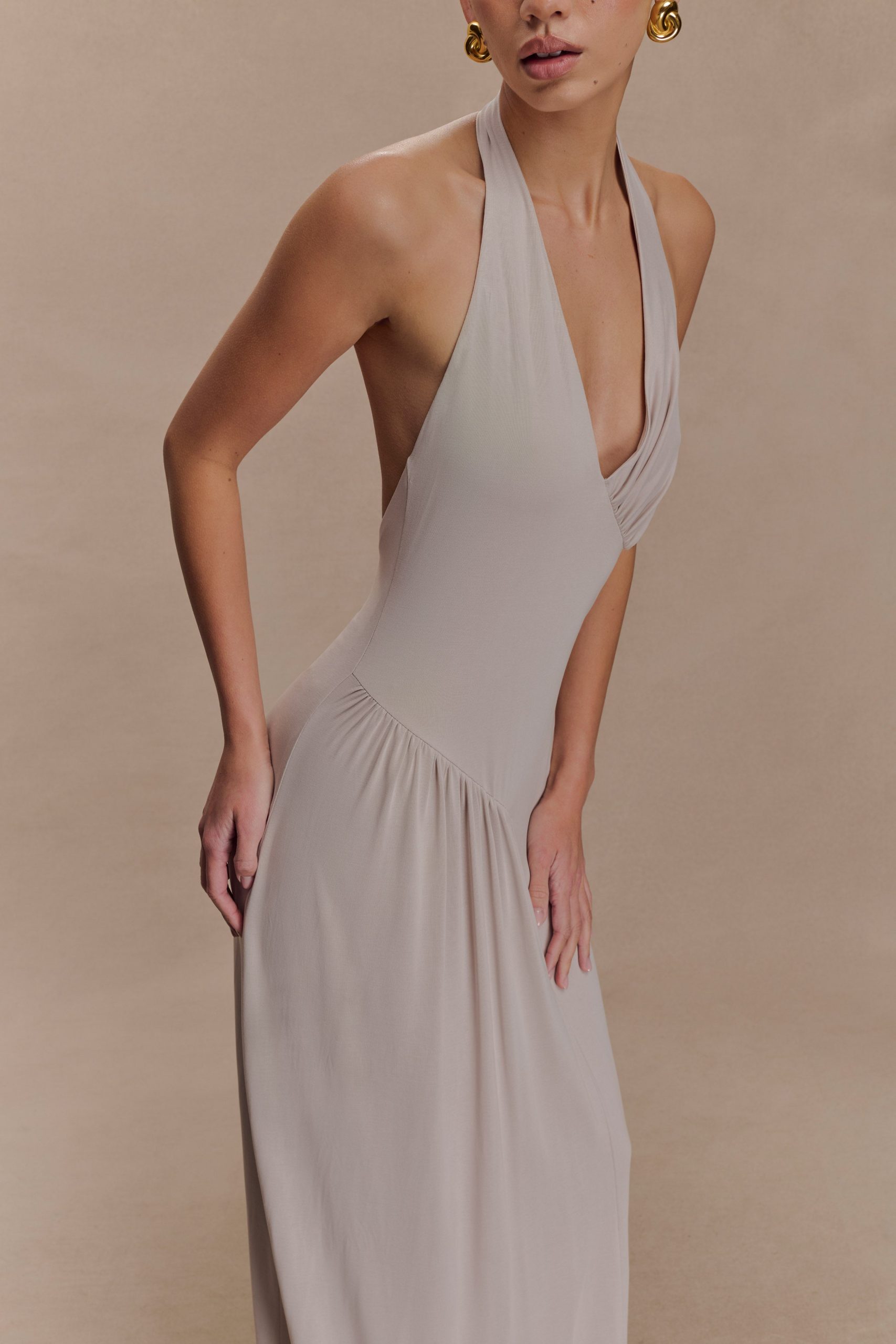 Yelena Ruched Halter Maxi Dress - Taupe - Image 3