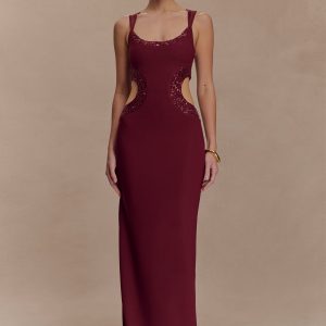 Angelique Beaded Crepe Maxi Dress - Wine