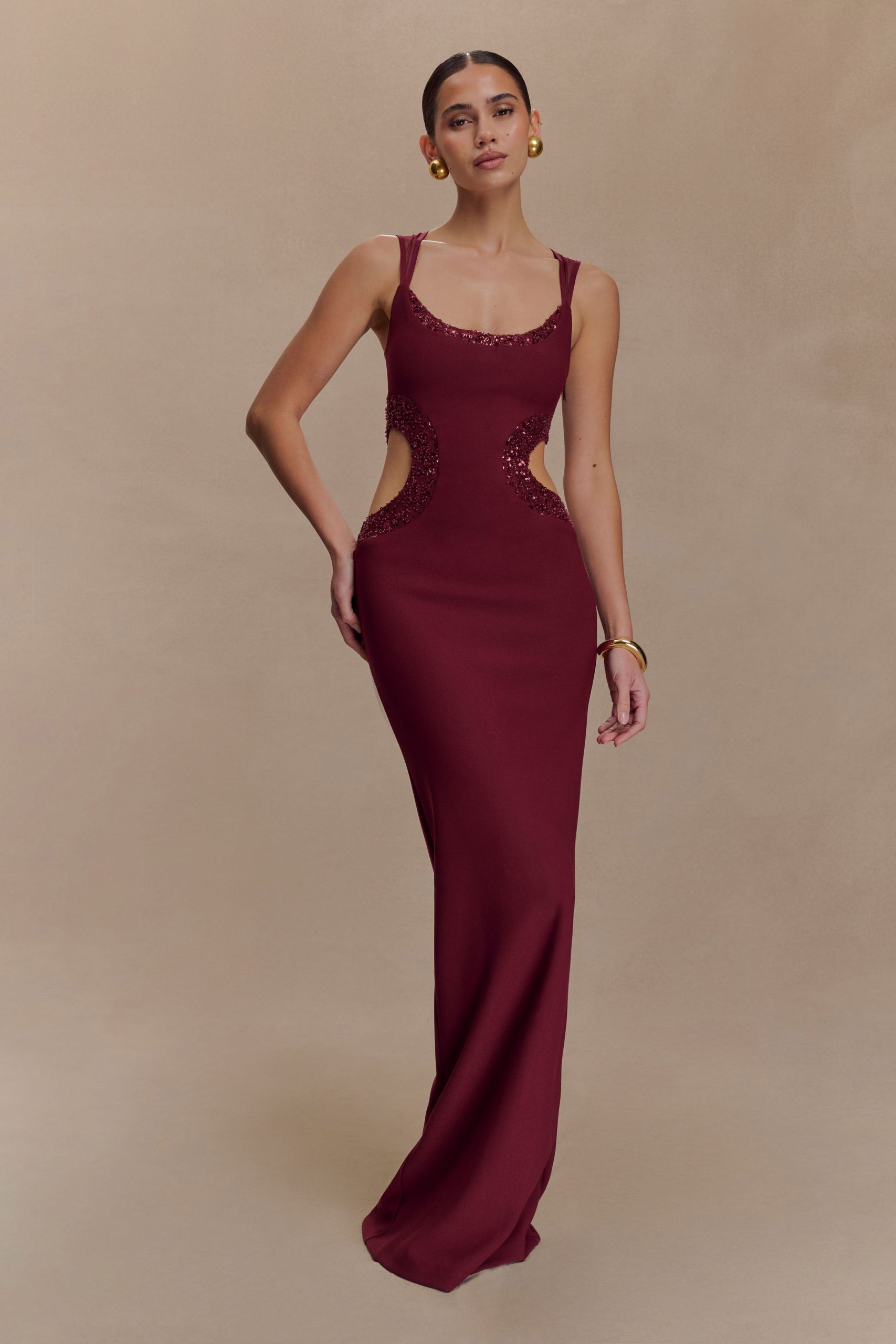 Angelique Beaded Crepe Maxi Dress - Wine - Image 5