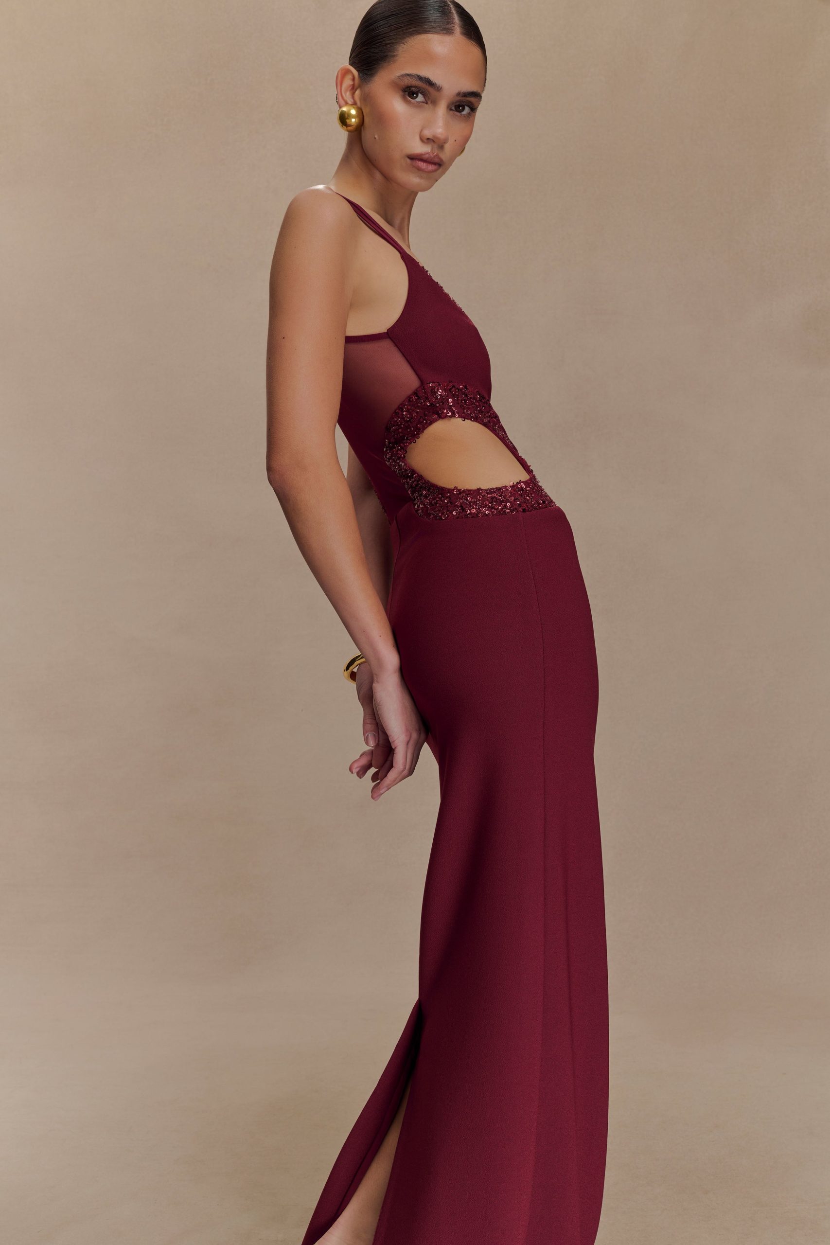 Angelique Beaded Crepe Maxi Dress - Wine - Image 3