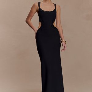 Angelique Beaded Crepe Maxi Dress - Black
