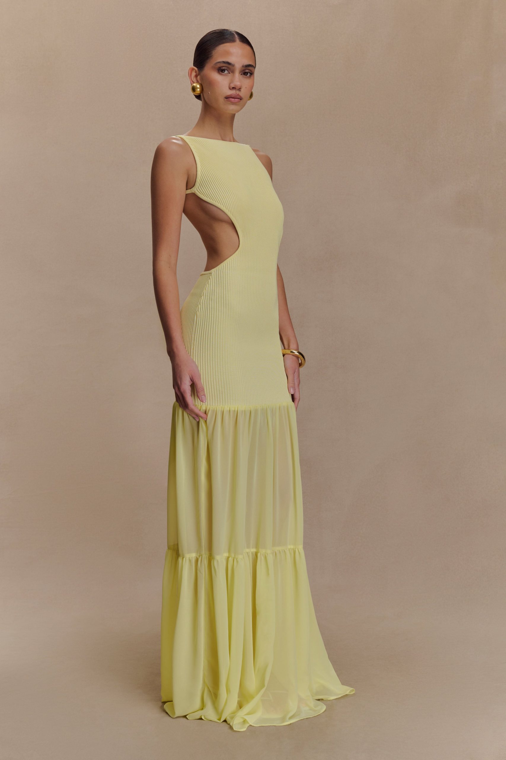 Haille Knit Chiffon Maxi Dress - Lemon - Image 4