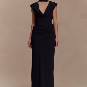 Giulia Chiffon Draped Maxi Dress - Black