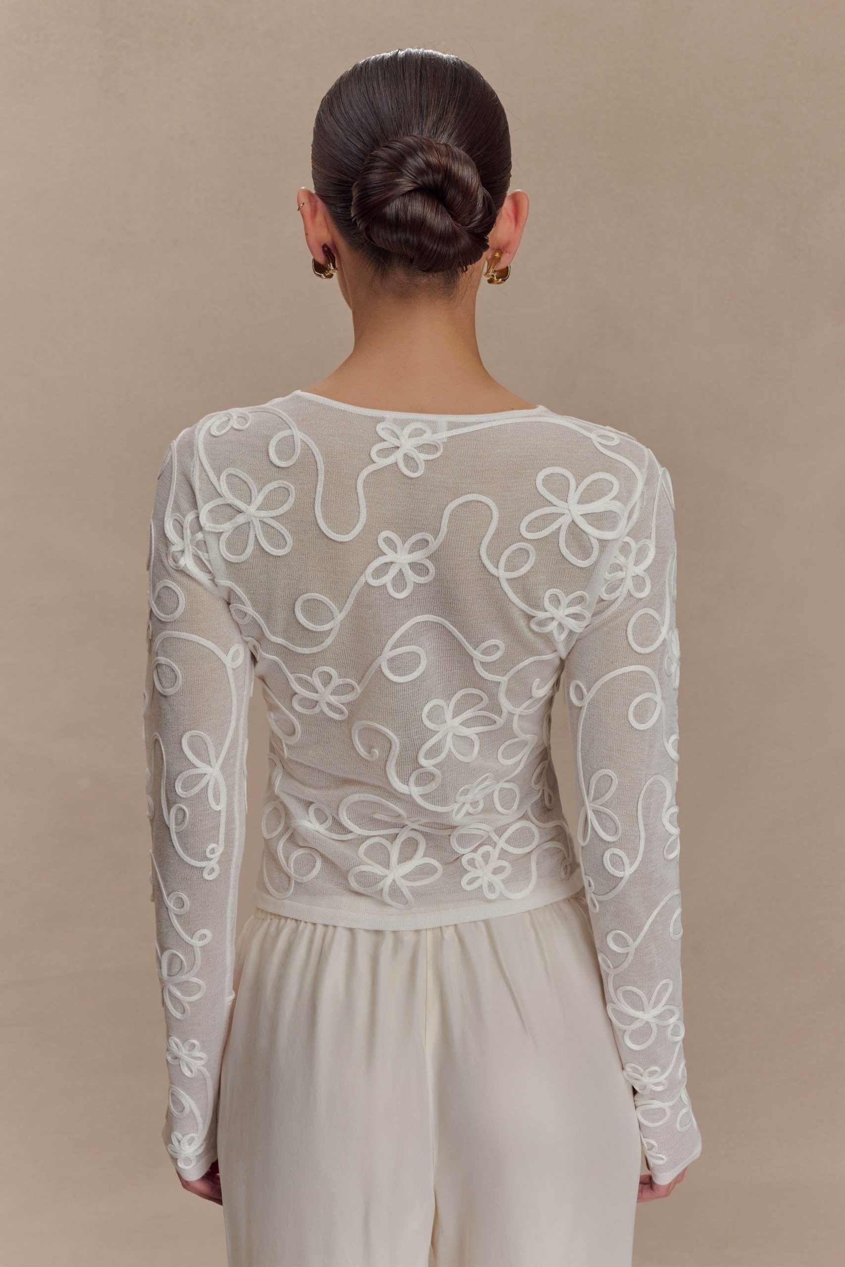 Omari Embroidery Long Sleeve Knit Top - Ivory - Image 2