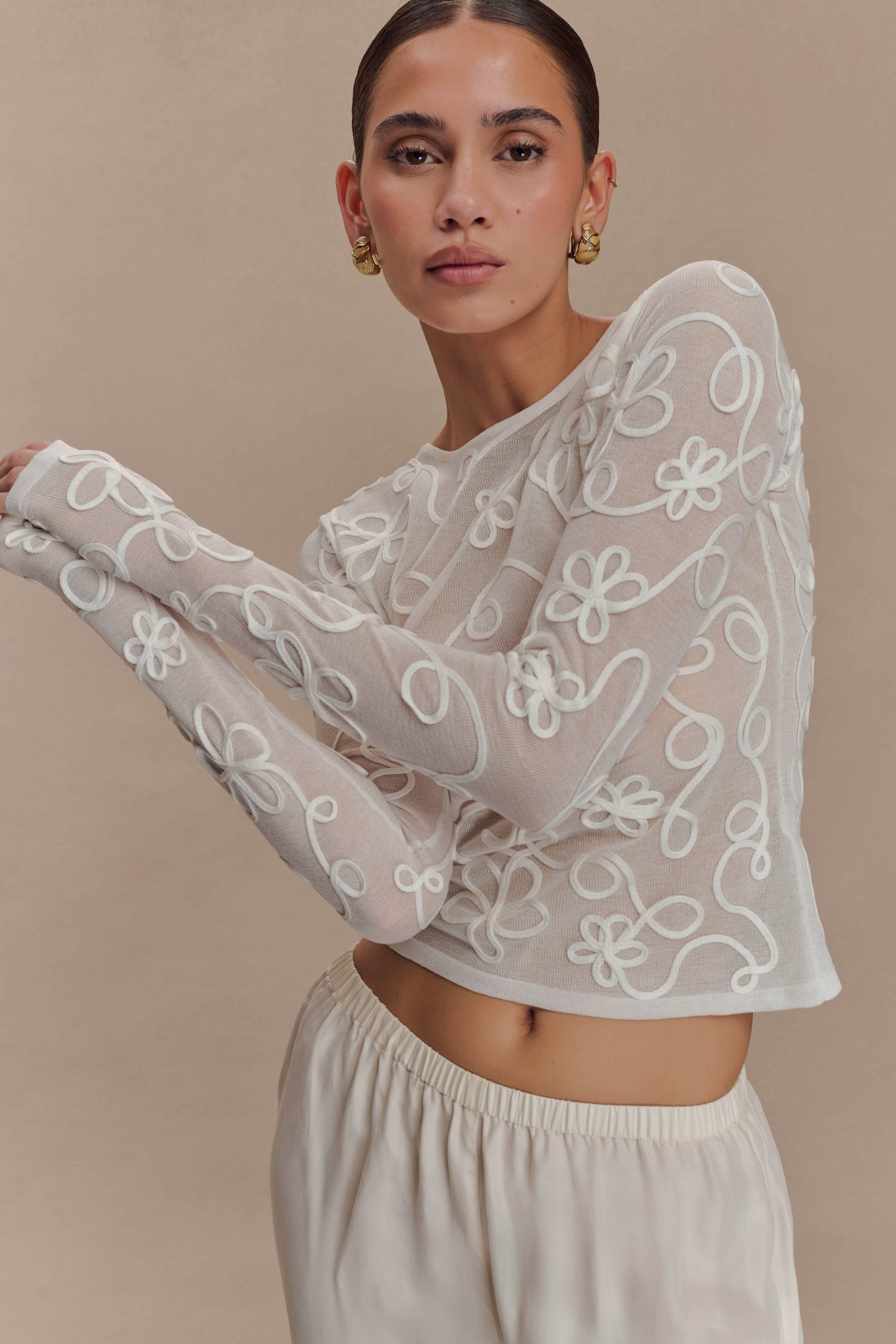 Omari Embroidery Long Sleeve Knit Top - Ivory - Image 3