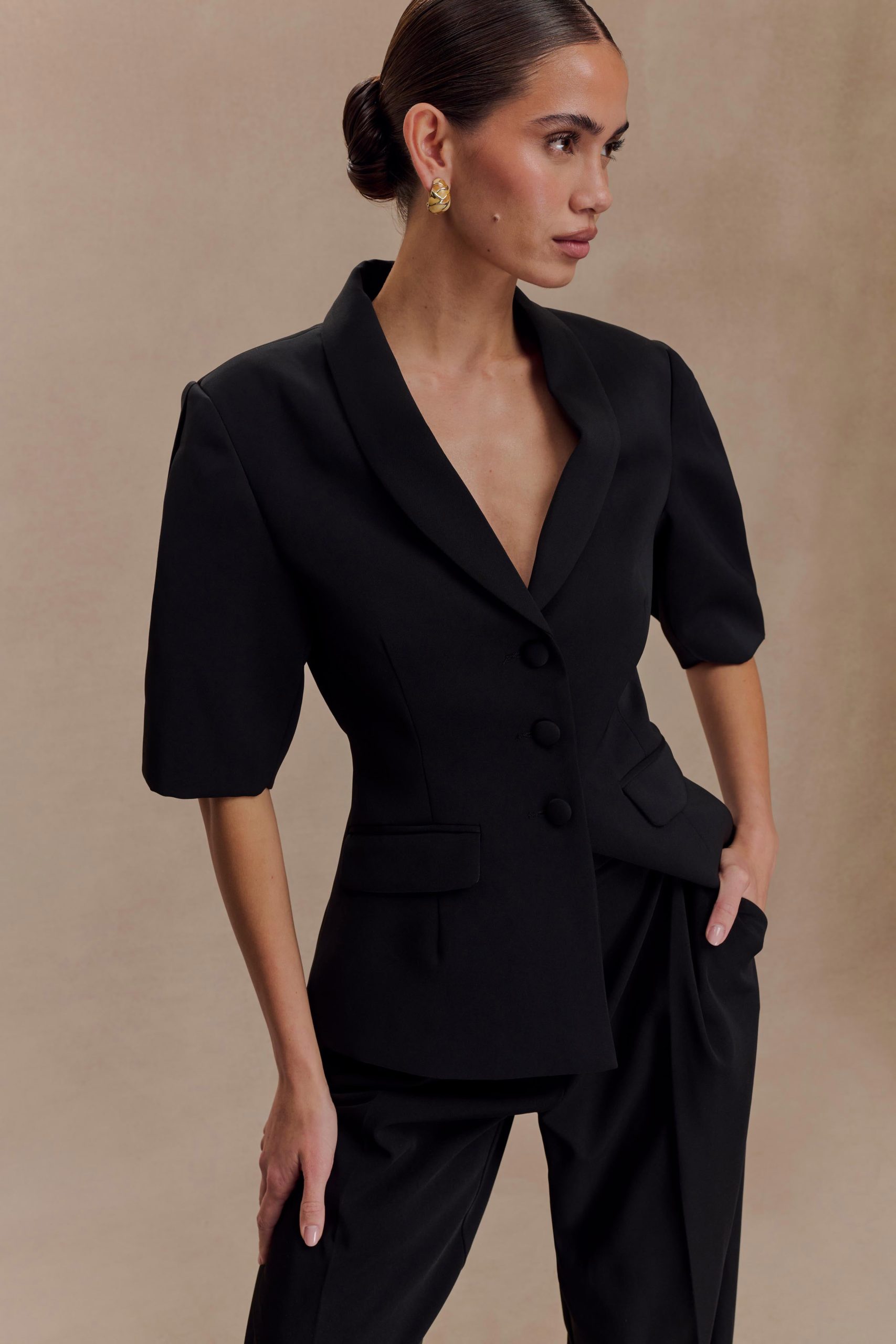 Opal Puff Sleeve Suiting Top - Black - Image 4