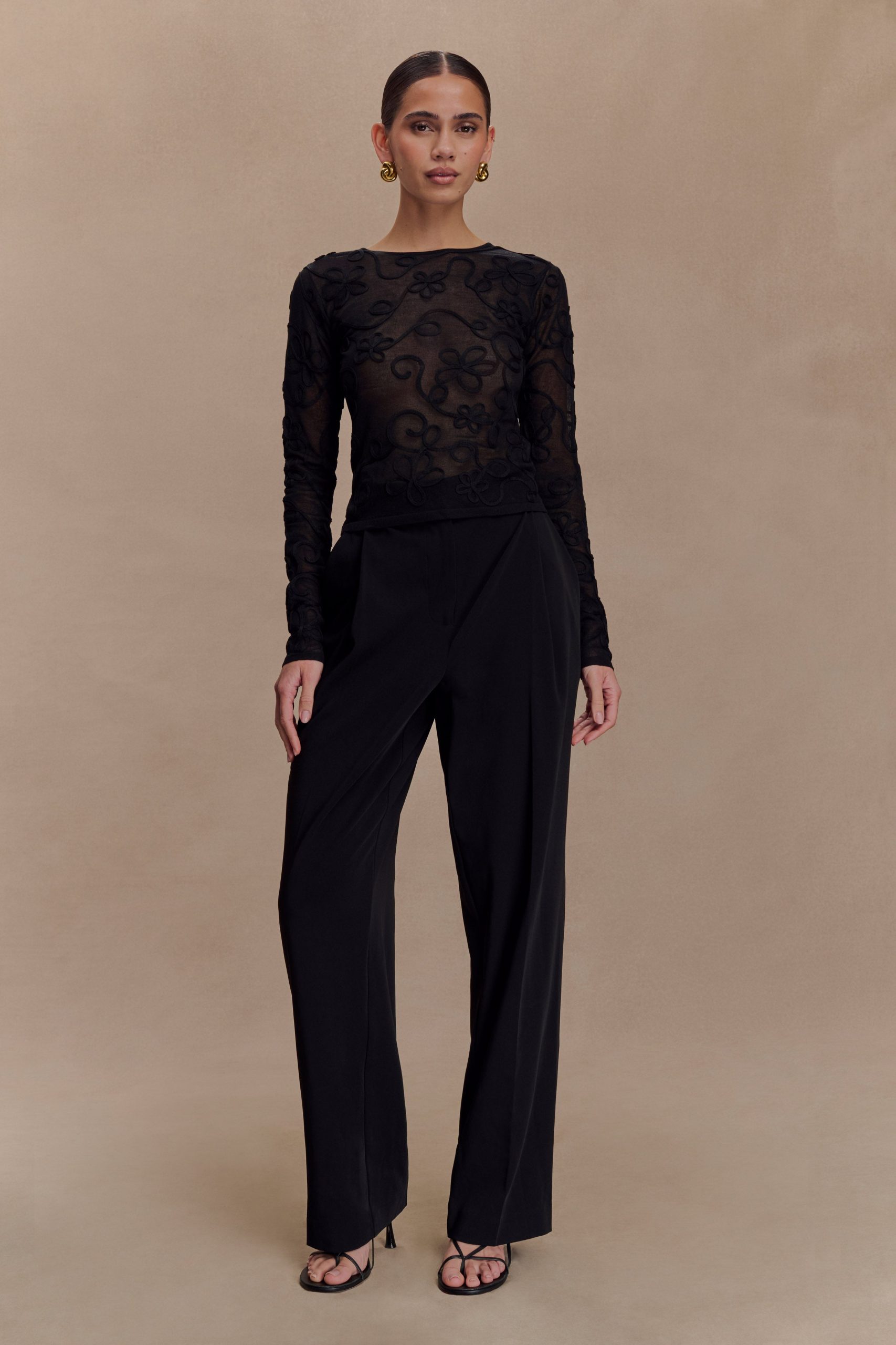 Omari Embroidery Long Sleeve Knit Top - Black - Image 4
