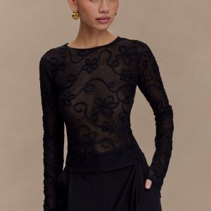 Omari Embroidery Long Sleeve Knit Top - Black