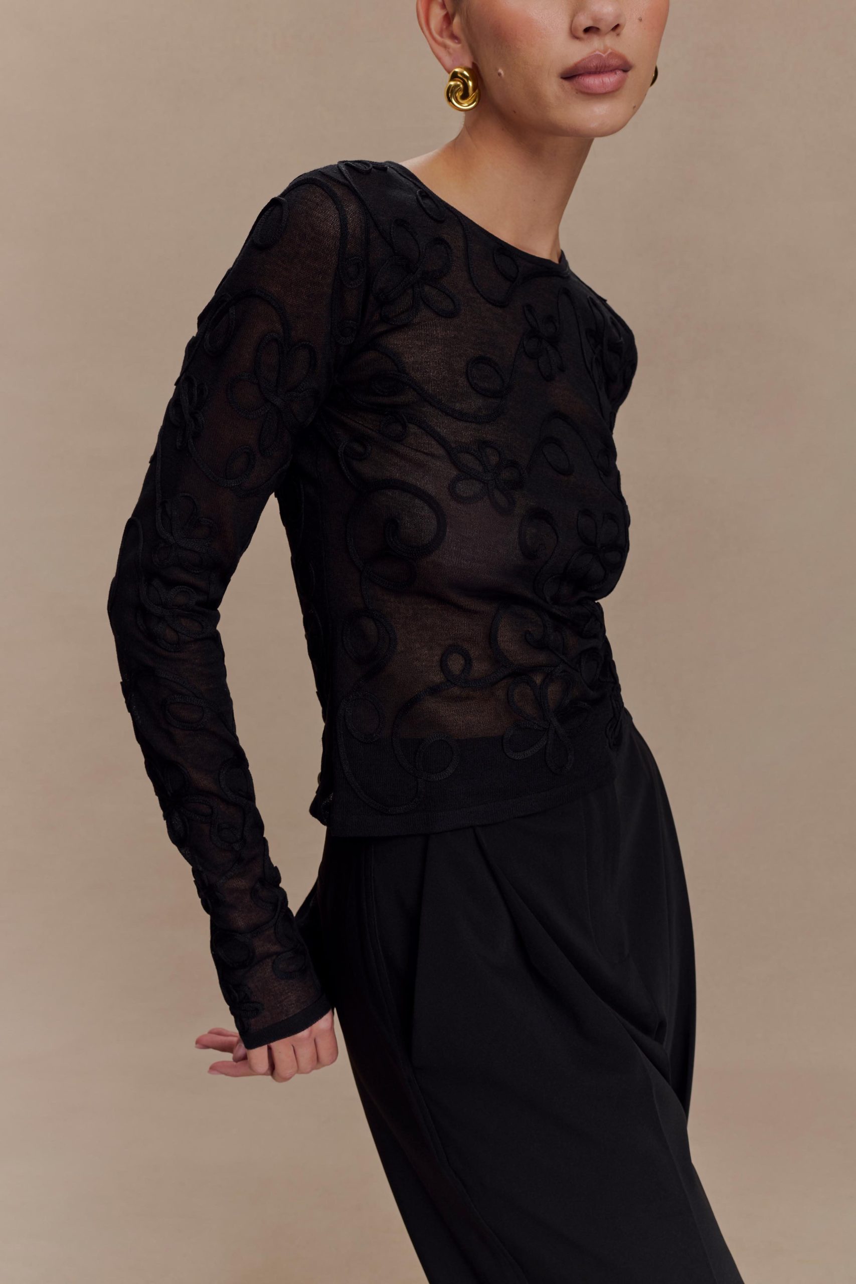 Omari Embroidery Long Sleeve Knit Top - Black - Image 3