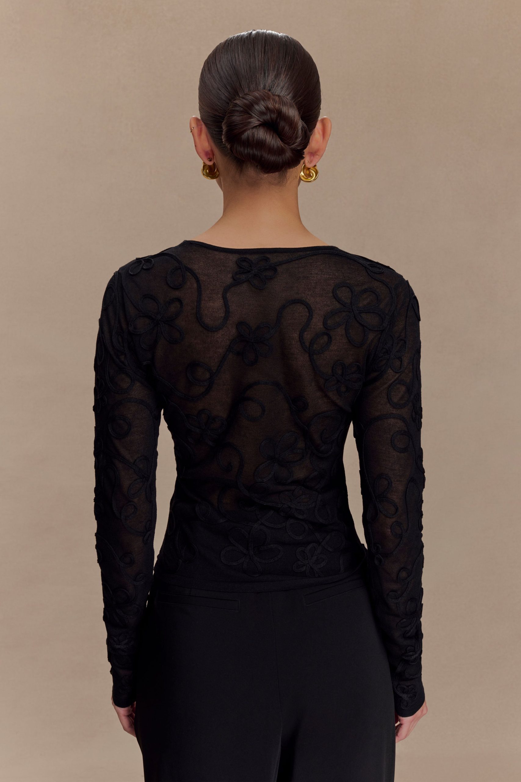 Omari Embroidery Long Sleeve Knit Top - Black - Image 2