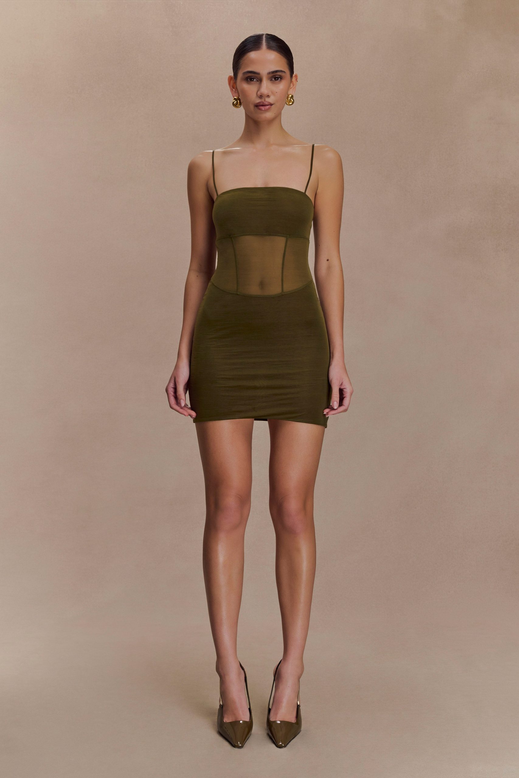 Maryk Mesh Mini Dress - Khaki - Image 2