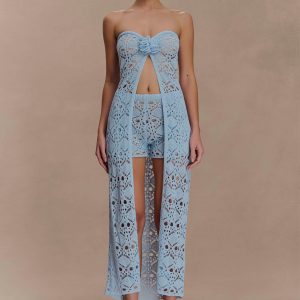 Aeline Strapless Crochet Knit Top - Sky Blue