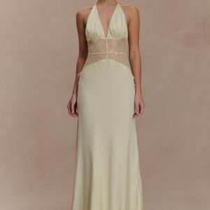Dinah Lace And Satin Maxi Dress - Lemon