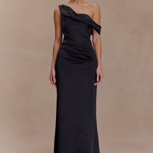 Dalia Off Shoulder Satin Maxi Dress - Black
