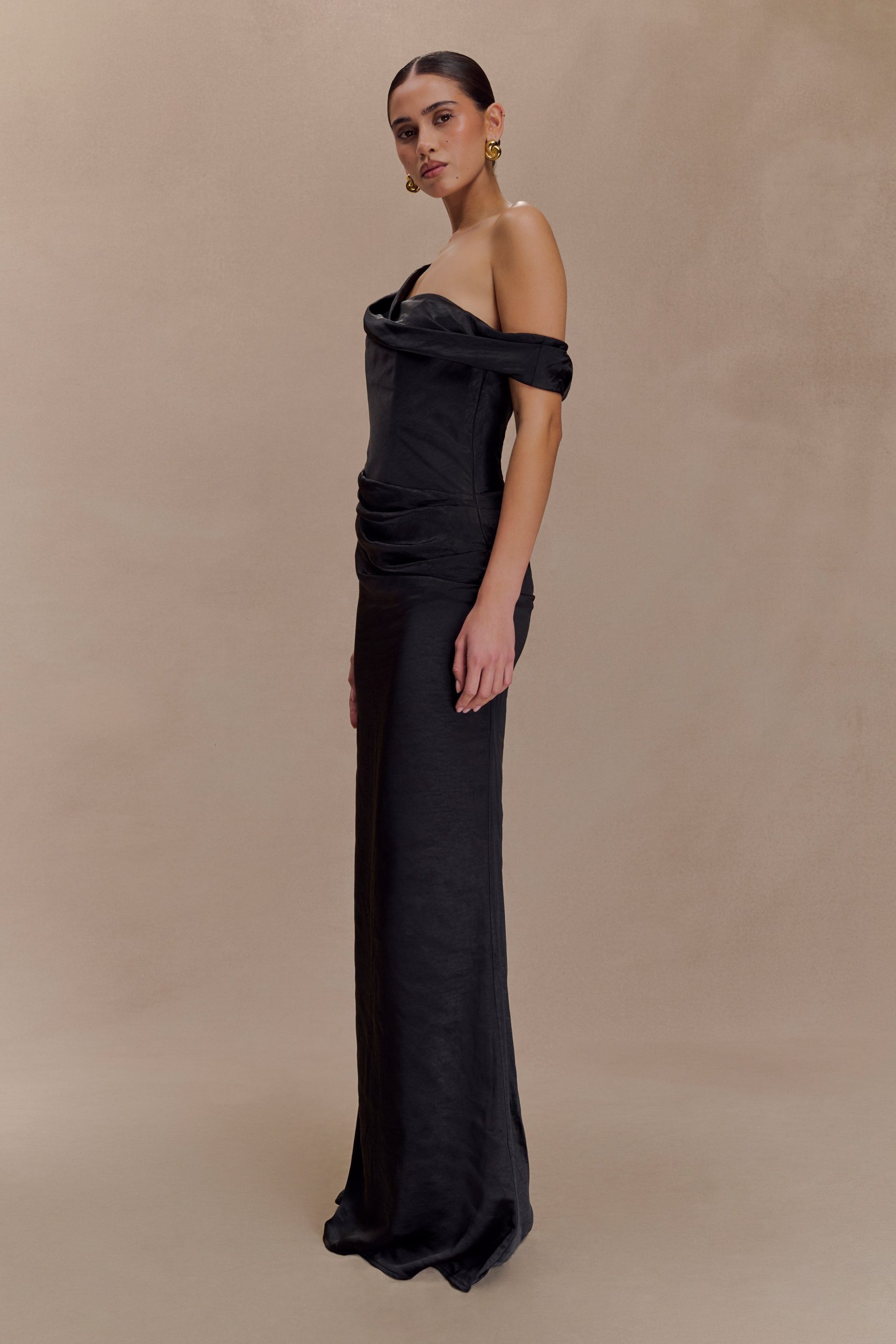 Dalia Off Shoulder Satin Maxi Dress - Black - Image 3