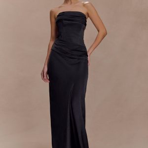 Jasmine Strapless Satin Maxi Dress - Black