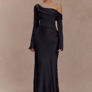 Iris Long Sleeve Satin Maxi Dress - Black