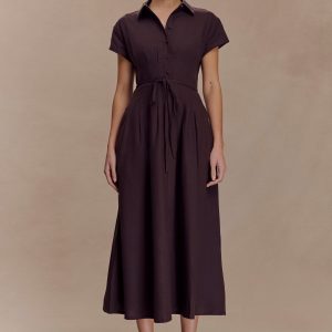 Aysha Buttoned Linen Midi Dress - Chocolate