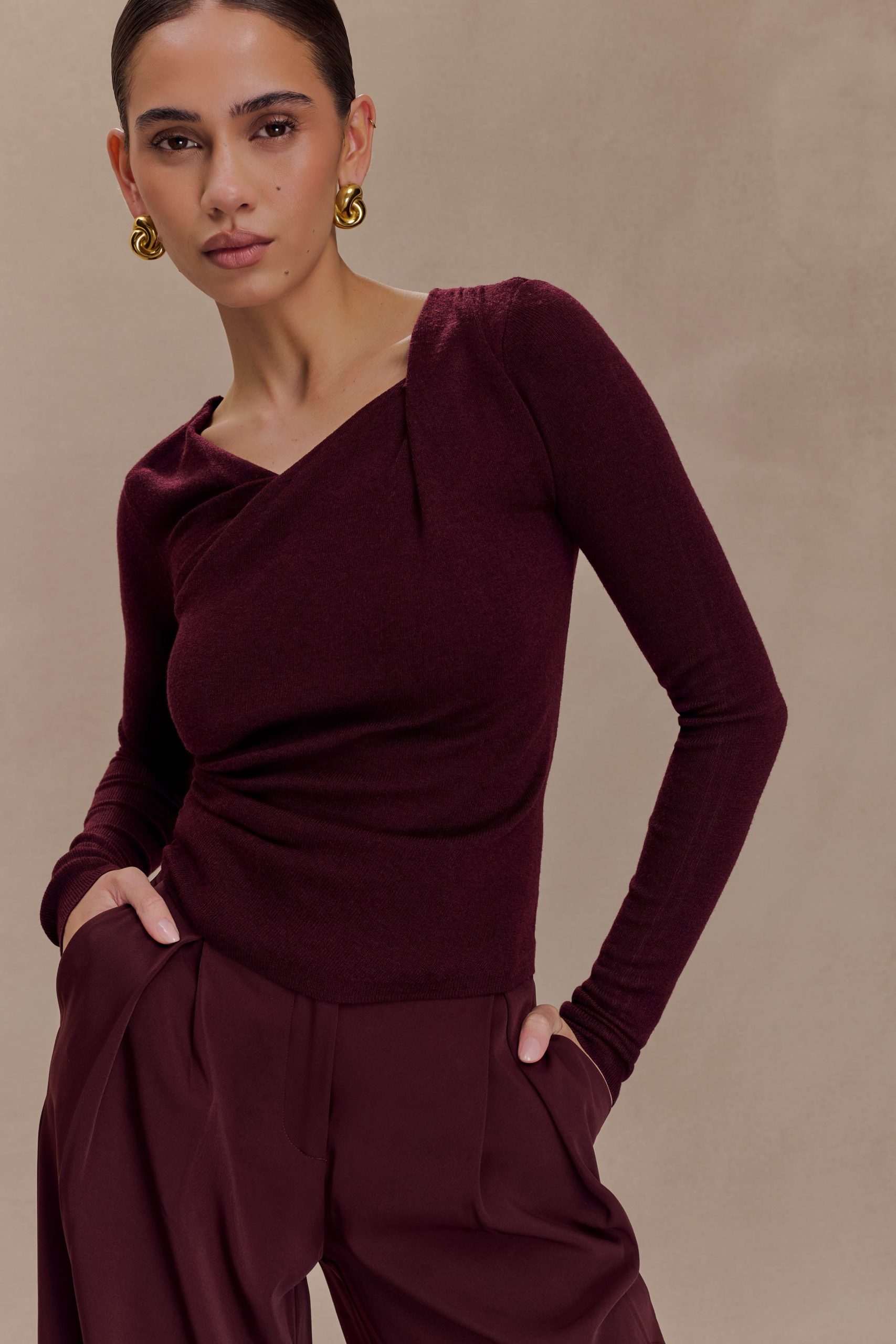 Culver Draped Twist Knit Top - Wine - Image 5