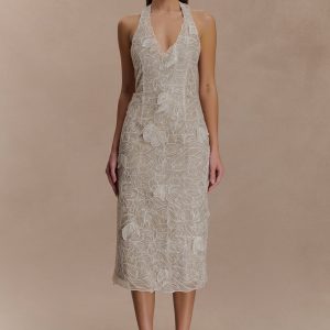 Lenore Silk Lace Halter Midi Dress - Ivory