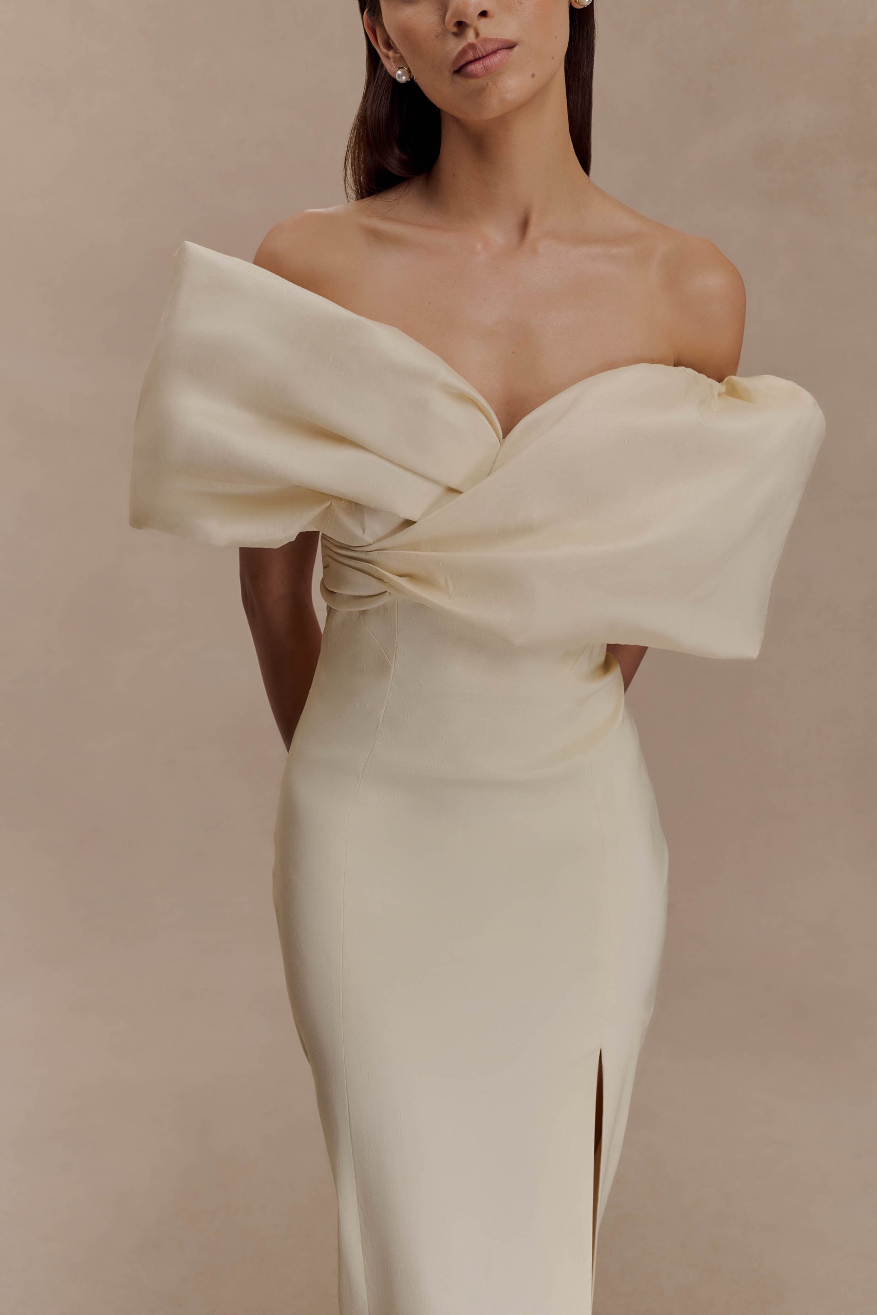 Angelica Taffeta Off Shoulder Bridal Gown - Soft Beige - Image 3