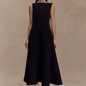 Callista Crepe A-Line Midi Dress - Black
