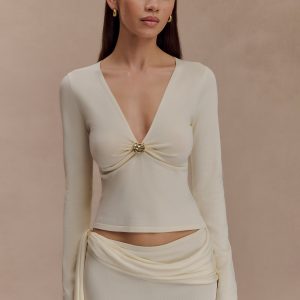 Miraby Front Ruched Knit Long Sleeve Top - Ivory