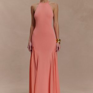 Soleil Knit And Mesh Halter Maxi Dress - Coral