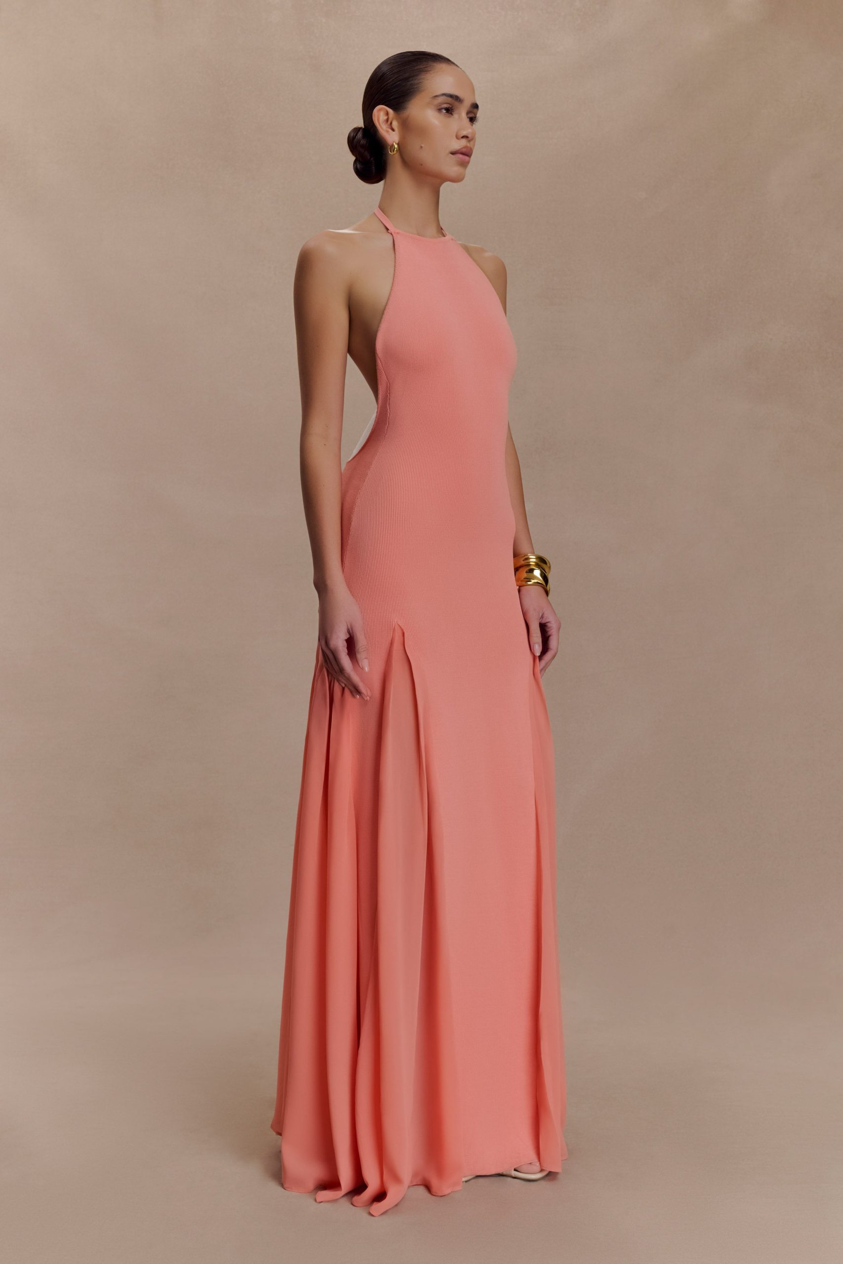 Soleil Knit And Mesh Halter Maxi Dress - Coral - Image 3