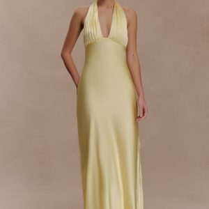 Alice Satin Halter Maxi Dress - Lemon