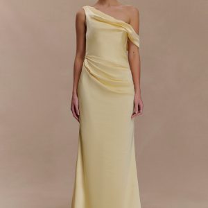 Dalia Off Shoulder Satin Maxi Dress - Lemon
