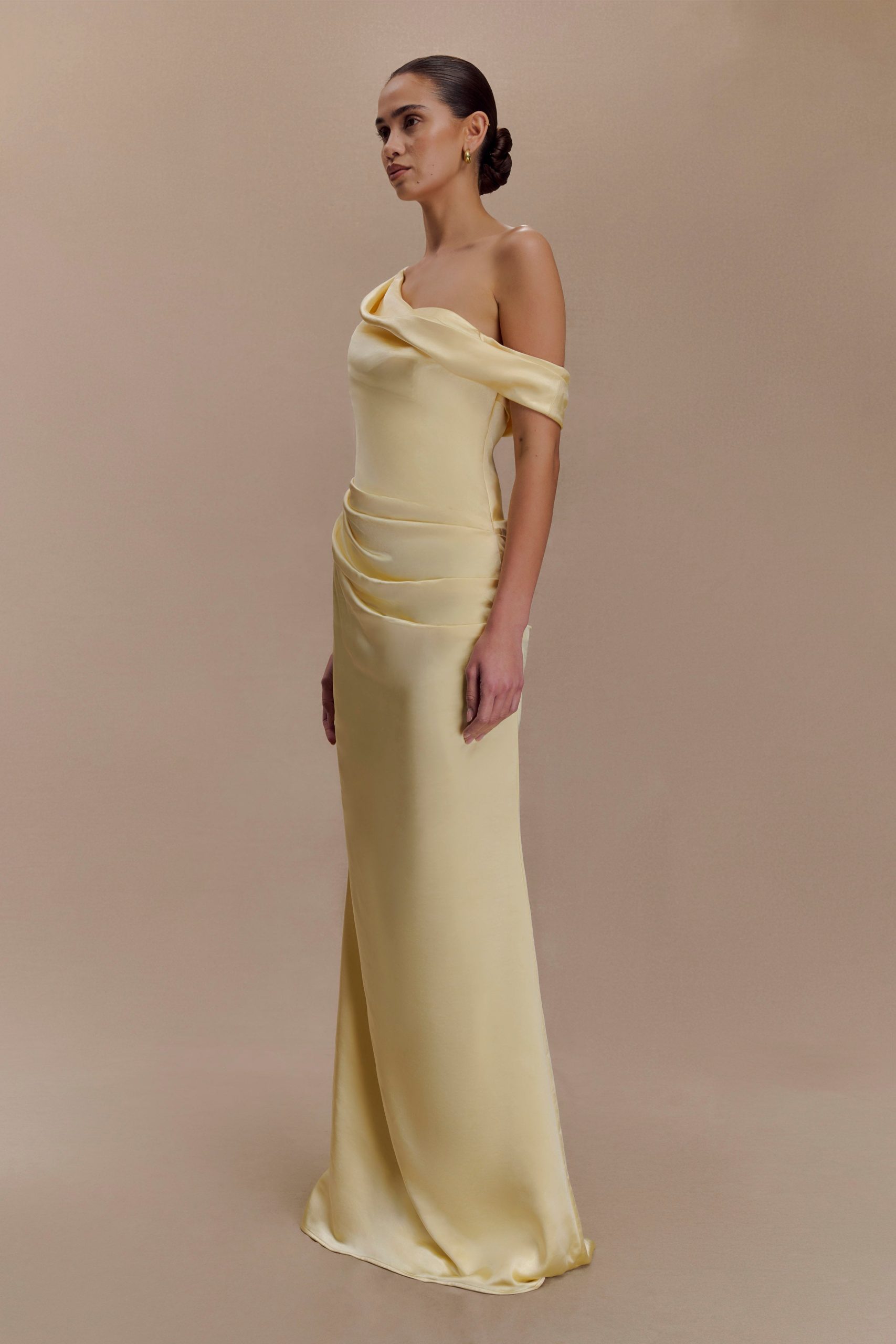 Dalia Off Shoulder Satin Maxi Dress - Lemon - Image 4