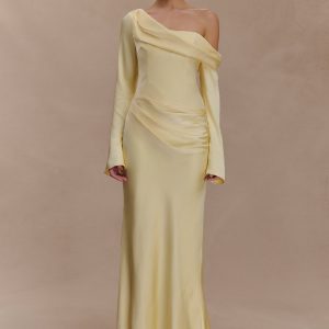 Iris Long Sleeve Satin Maxi Dress - Lemon