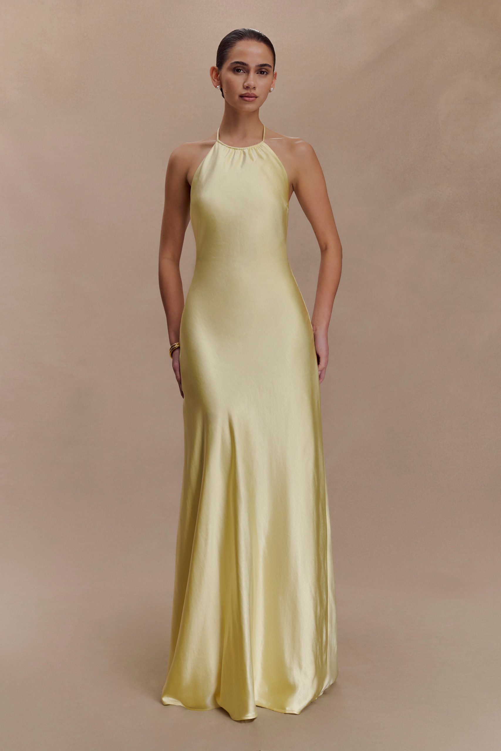 Bella Satin Halter Maxi Dress - Lemon - Image 7