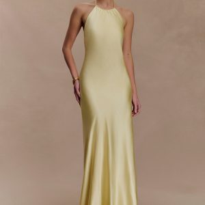 Bella Satin Halter Maxi Dress - Lemon