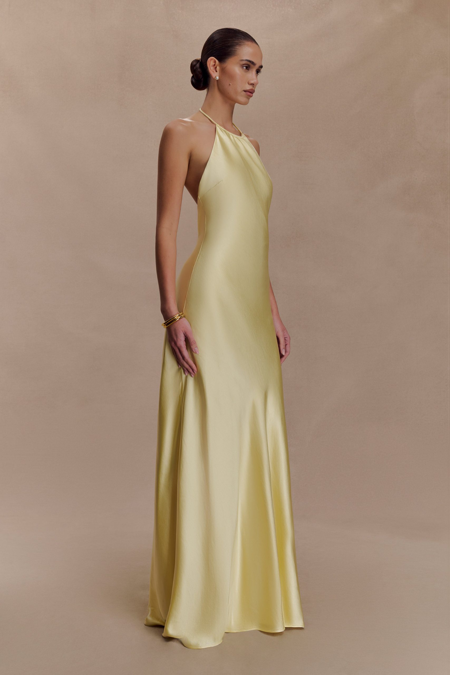 Bella Satin Halter Maxi Dress - Lemon - Image 9