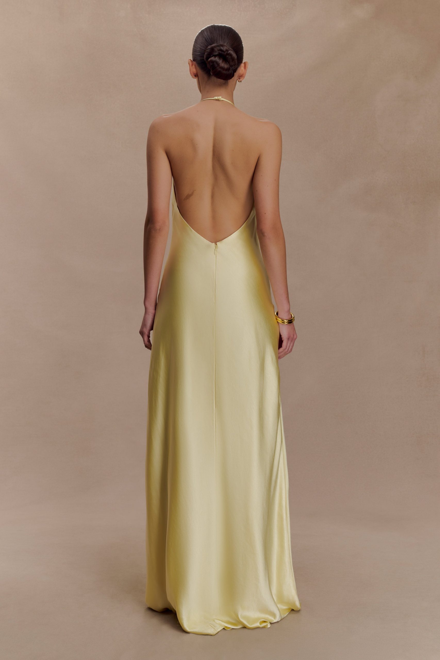 Bella Satin Halter Maxi Dress - Lemon - Image 5