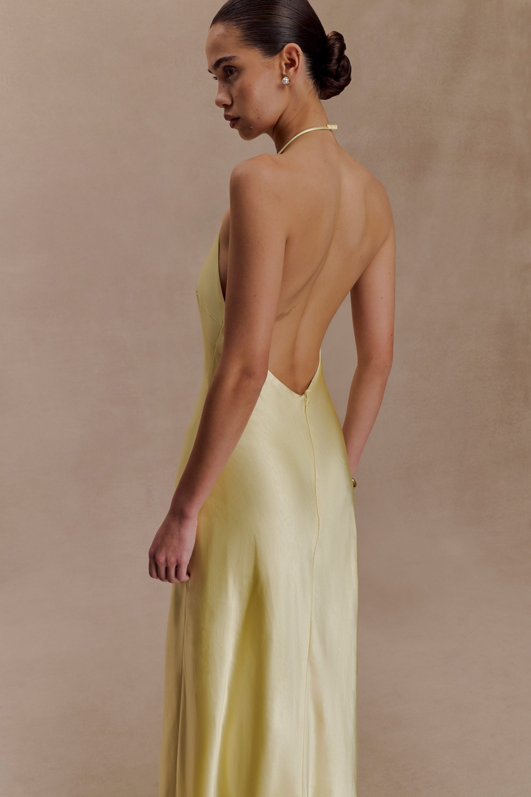 Bella Satin Halter Maxi Dress - Lemon - Image 3