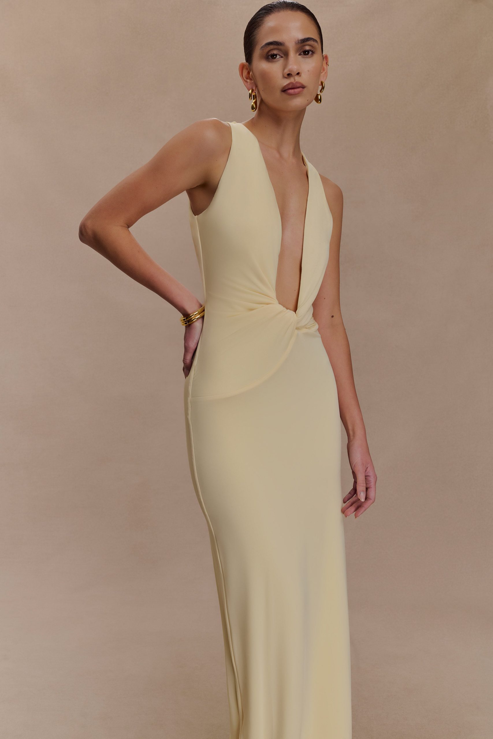 Stella Draped Slinky Maxi Dress - Pale Lemon - Image 3