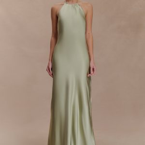 Bella Satin Halter Maxi Dress - Sage