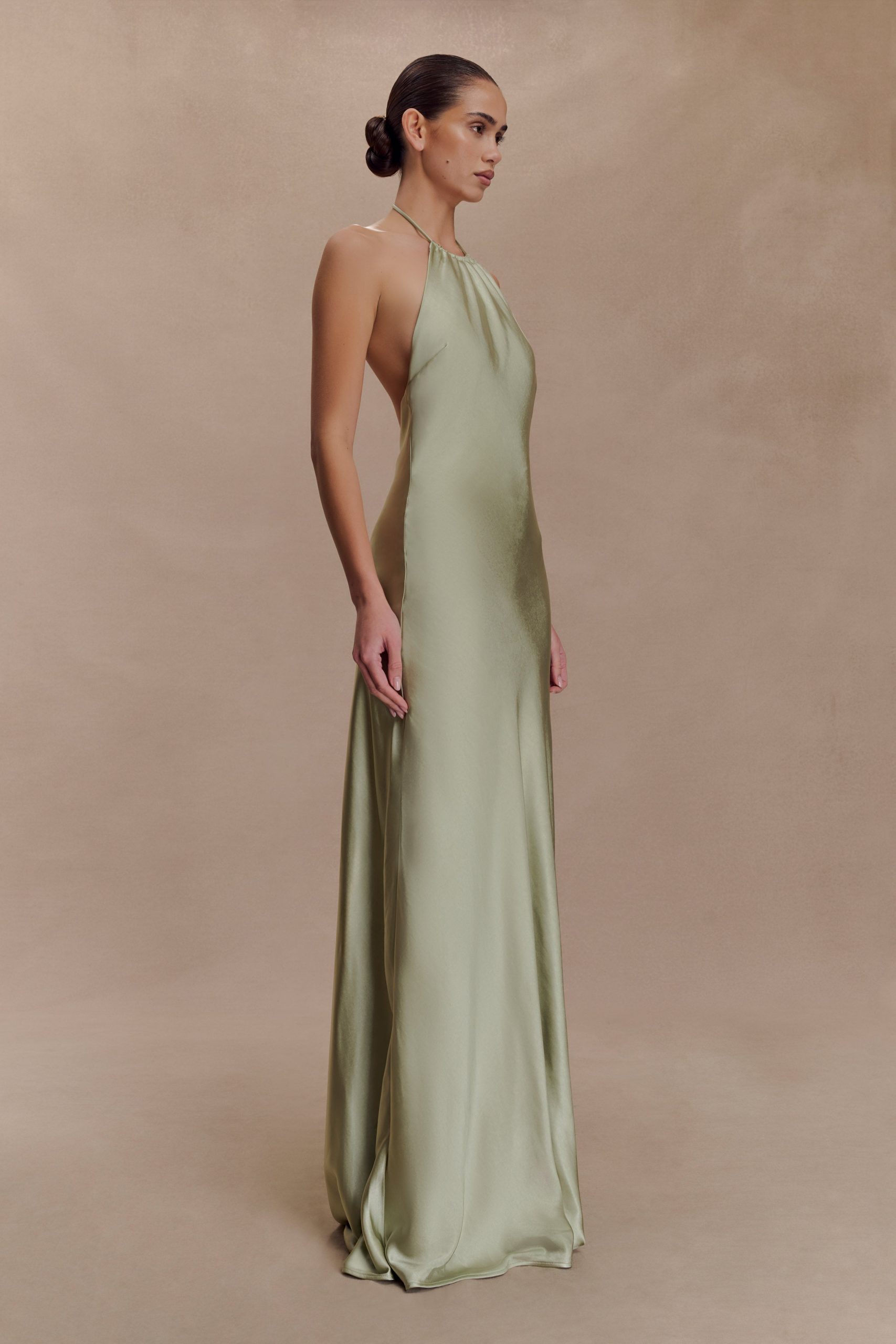 Bella Satin Halter Maxi Dress - Sage - Image 2