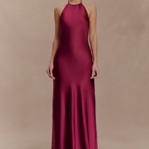 Bella Satin Halter Maxi Dress - Mahogany